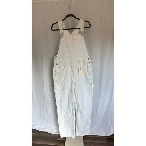 $159 NWT GOOD AMERICAN White Denim Bib Overalls Cropped Straight Leg Women 14 32